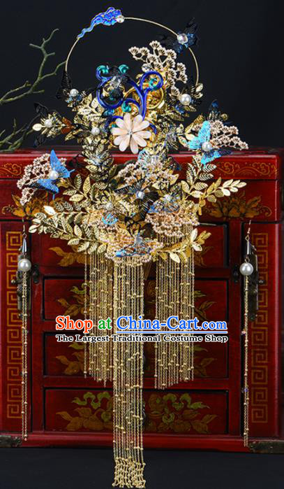 Chinese Handmade Palace Queen Cloisonne Butterfly Phoenix Coronet Hairpins Ancient Hair Accessories Headwear for Women