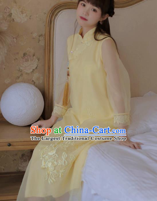 Chinese Classical National Yellow Veil Cheongsam Traditional Tang Suit Qipao Dress for Women