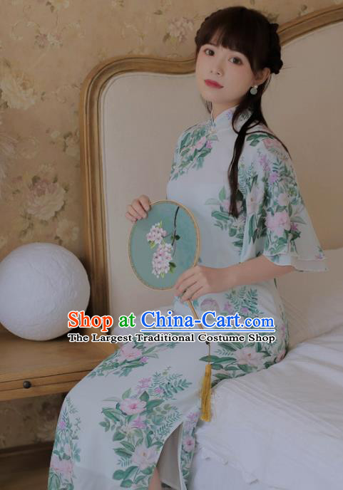 Chinese Classical National Printing Green Cheongsam Traditional Tang Suit Qipao Dress for Women