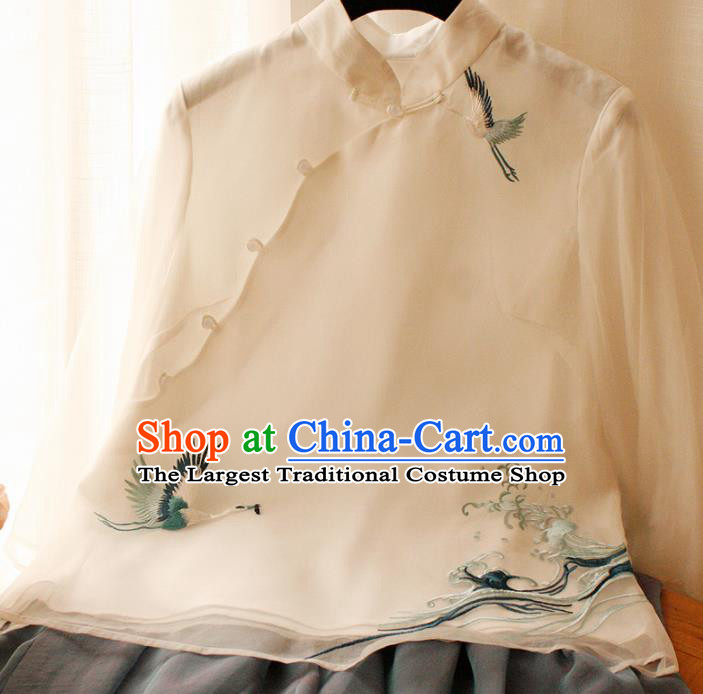 Chinese National Classical Embroidered White Silk Qipao Blouse Traditional Tang Suit Upper Outer Garment for Women