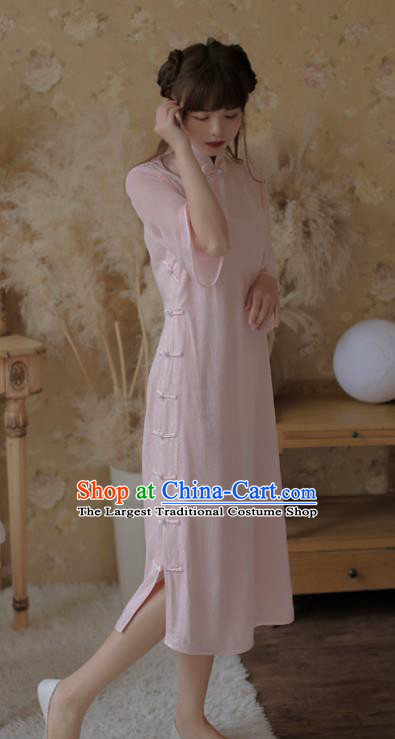 Chinese Classical National Light Pink Cheongsam Traditional Tang Suit Qipao Dress for Women