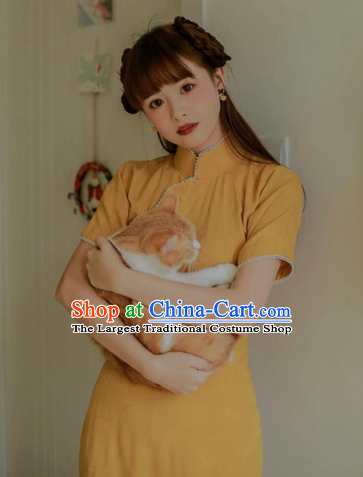 Chinese Classical National Yellow Cheongsam Traditional Tang Suit Qipao Dress for Women