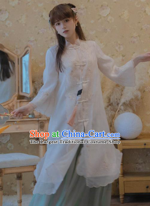 Chinese National Classical Embroidered White Silk Coat Traditional Tang Suit Upper Outer Garment for Women