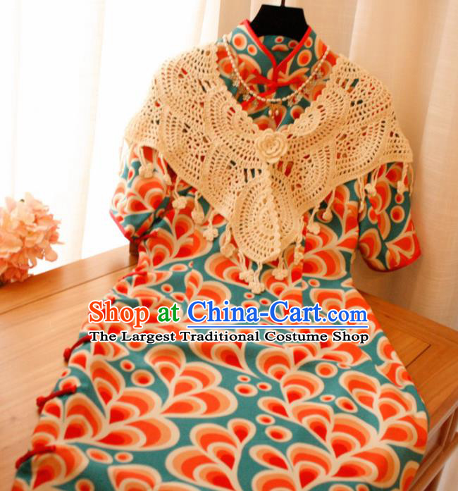 Chinese National Printing Blue Cheongsam Traditional Classical Tang Suit Qipao Dress for Women