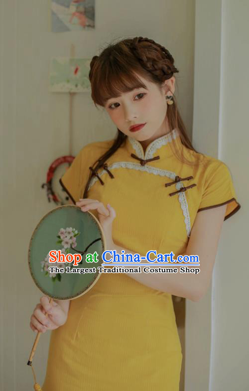 Chinese Classical National Yellow Linen Cheongsam Traditional Tang Suit Qipao Dress for Women