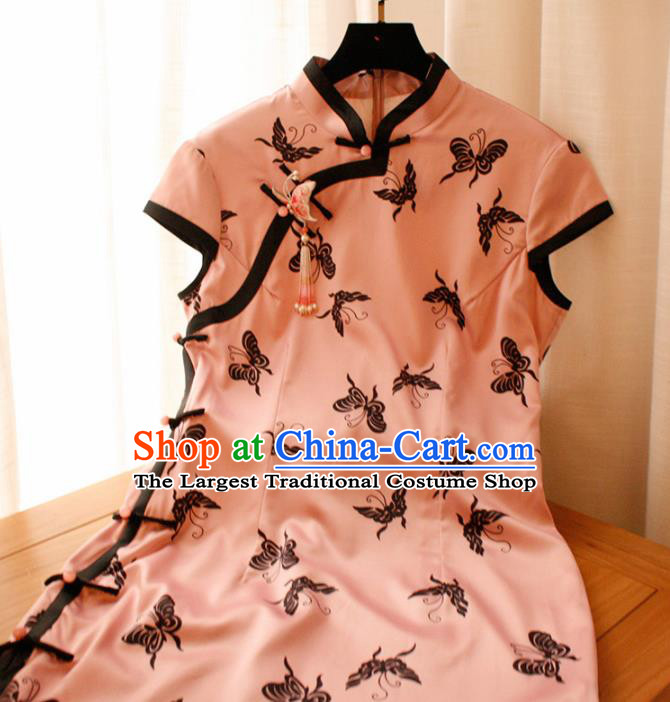 Chinese National Printing Butterfly Pink Cheongsam Traditional Classical Tang Suit Qipao Dress for Women