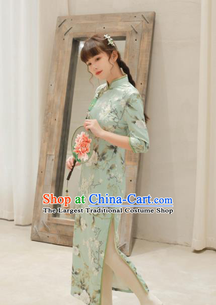 Chinese National Printing Green Cheongsam Traditional Classical Tang Suit Qipao Dress for Women
