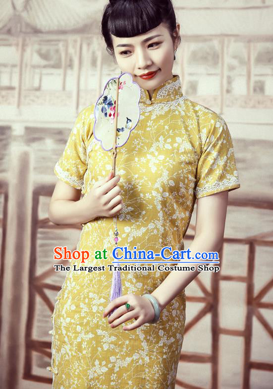 Traditional Chinese National Yellow Cheongsam Classical Tang Suit Qipao Dress for Women