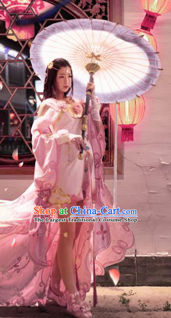 Chinese Traditional Cosplay Peri Costume Ancient Swordswoman Pink Hanfu Dress for Women