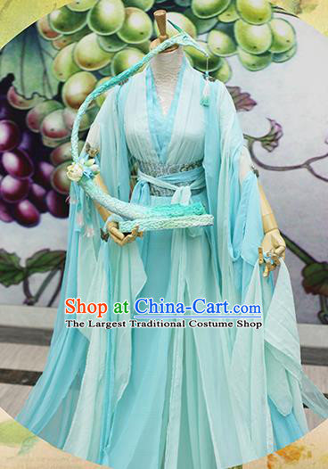 Chinese Traditional Cosplay Swordswoman Costume Ancient Peri Princess Green Hanfu Dress for Women