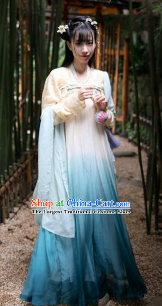 Chinese Traditional Tang Dynasty Rich Lady Costume Ancient Blue Hanfu Dress for Women