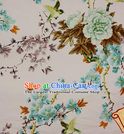 Chinese Traditional Fabric Classical Peach Blossom Green Peony Pattern Design Brocade Cheongsam Satin Material Silk Fabric