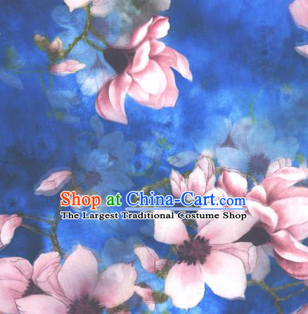 Chinese Traditional Cheongsam Fabric Classical Yulan Magnolia Pattern Blue Brocade Satin Material Silk Fabric