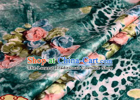 Chinese Traditional Hanfu Printing Roses Pattern Deep Green Brocade Material Cheongsam Classical Fabric Satin Silk Fabric