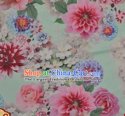 Chinese Traditional Hanfu Printing Peony Pattern Green Brocade Material Cheongsam Classical Fabric Satin Silk Fabric