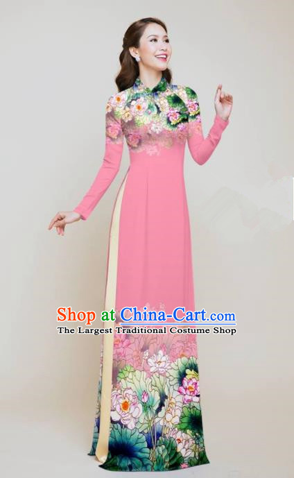 Vietnam Traditional Costume Printing Lotus Pink Aodai Cheongsam Asian Vietnamese Bride Classical Qipao Dress for Women