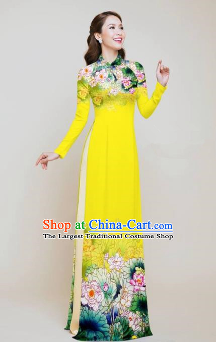 Vietnam Traditional Costume Printing Lotus Yellow Aodai Cheongsam Asian Vietnamese Bride Classical Qipao Dress for Women