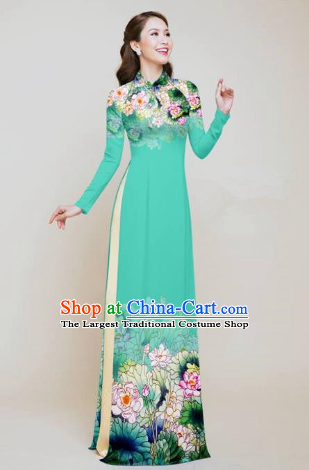 Vietnam Traditional Costume Printing Lotus Green Aodai Cheongsam Asian Vietnamese Bride Classical Qipao Dress for Women