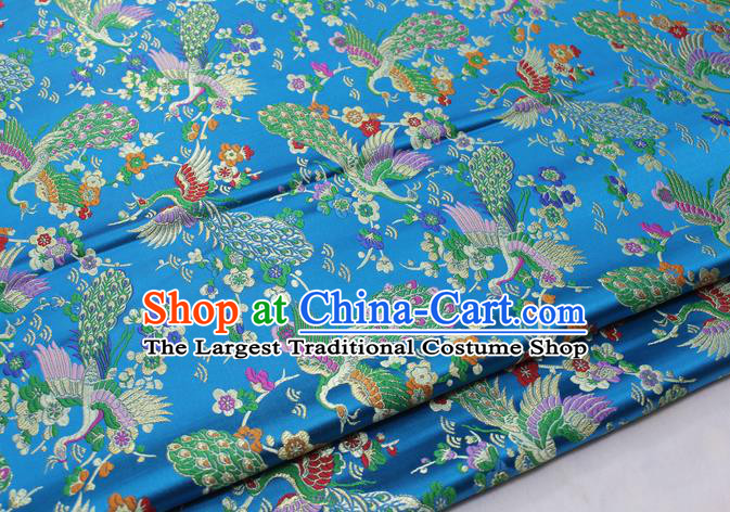 Chinese Traditional Tang Suit Royal Peacock Pattern Blue Brocade Satin Fabric Material Classical Silk Fabric