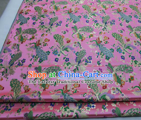 Chinese Traditional Tang Suit Royal Peacock Pattern Pink Brocade Satin Fabric Material Classical Silk Fabric