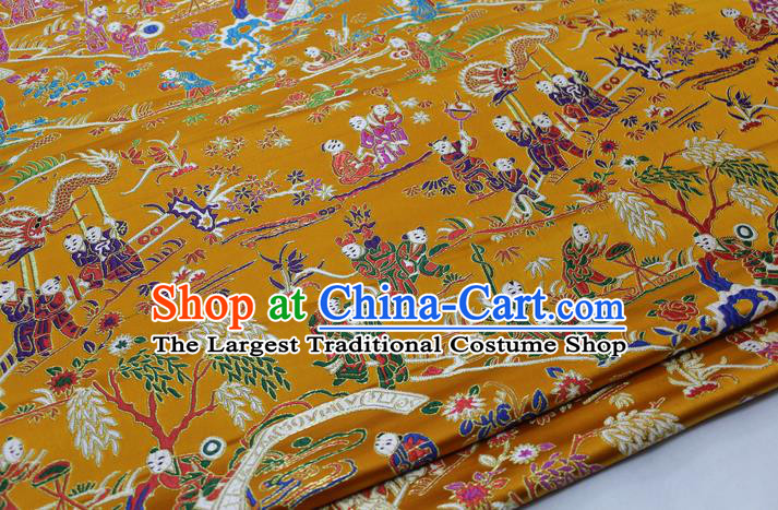 Chinese Traditional Tang Suit Royal Hundred Children Pattern Golden Brocade Satin Fabric Material Classical Silk Fabric