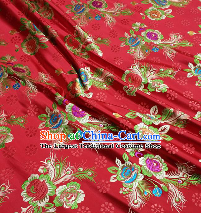 Chinese Traditional Tang Suit Royal Feather Peony Pattern Red Brocade Satin Fabric Material Classical Silk Fabric