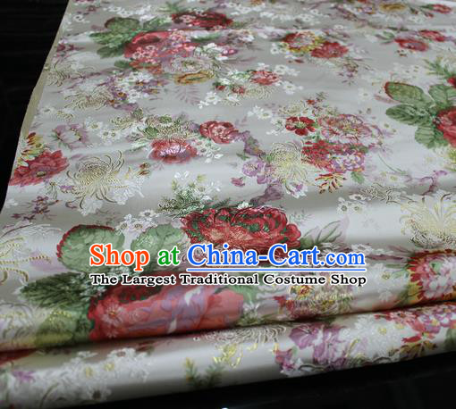 Chinese Traditional Fabric Royal Peony Pattern White Brocade Material Hanfu Classical Satin Silk Fabric