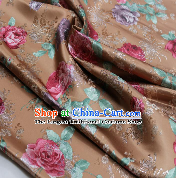 Chinese Traditional Fabric Royal Peony Pattern Brown Brocade Material Hanfu Classical Satin Silk Fabric