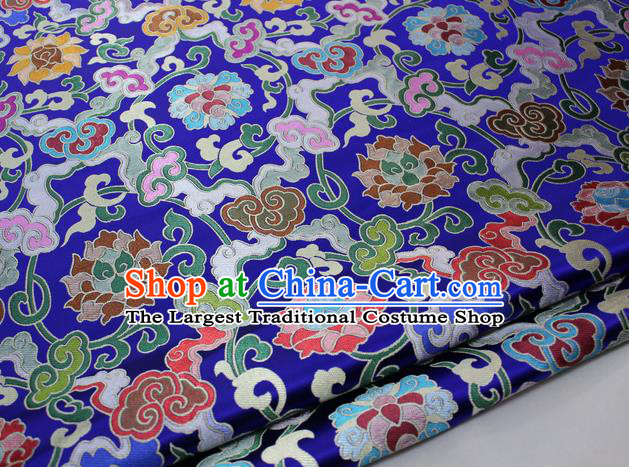 Chinese Traditional Fabric Royal Lotus Pattern Royalblue Brocade Material Hanfu Classical Satin Silk Fabric