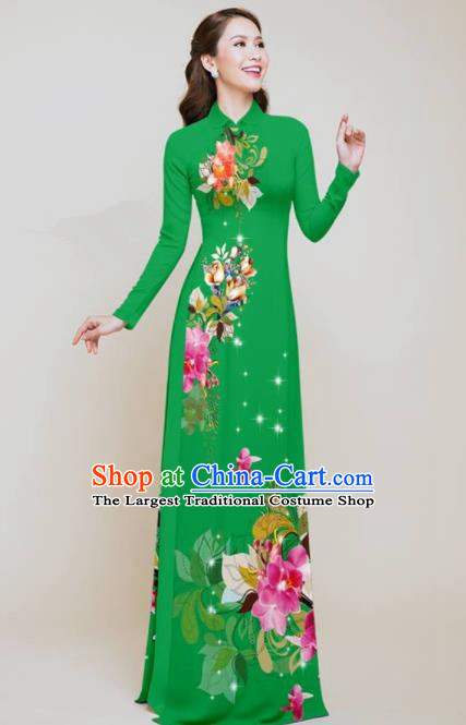 Vietnam Traditional Printing Flowers Green Aodai Qipao Dress Asian Vietnamese Bride Classical Cheongsam for Women