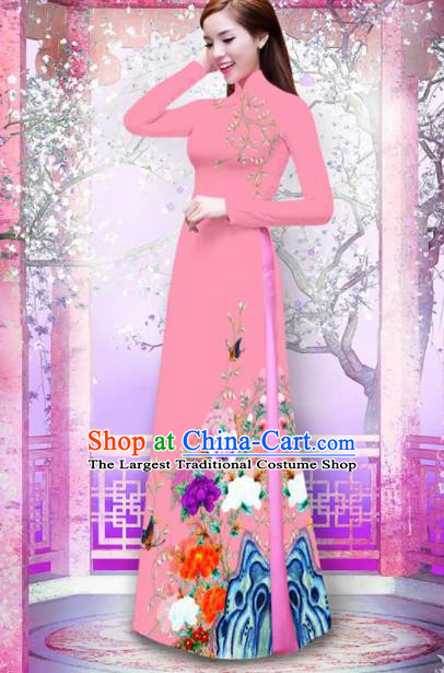 Vietnam Traditional Printing Peony Pink Ao Dai Dress Asian Vietnamese Bride Classical Cheongsam for Women