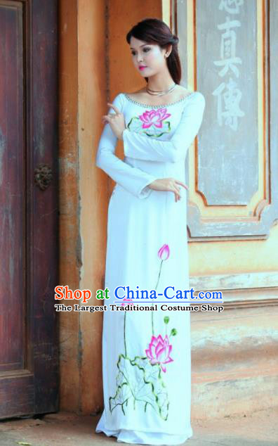 Vietnam Traditional Printing Lotus White Ao Dai Dress Asian Vietnamese Bride Classical Cheongsam for Women