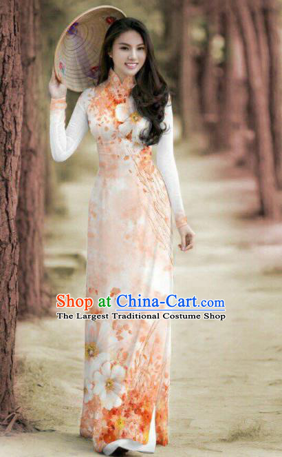 Vietnam Traditional Printing Orange Ao Dai Dress Asian Vietnamese Bride Classical Cheongsam for Women