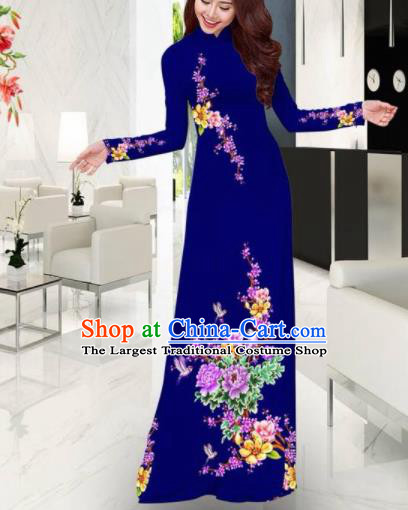 Vietnam Traditional Printing Plum Blossom Peony Navy Ao Dai Dress Asian Vietnamese Bride Classical Cheongsam for Women