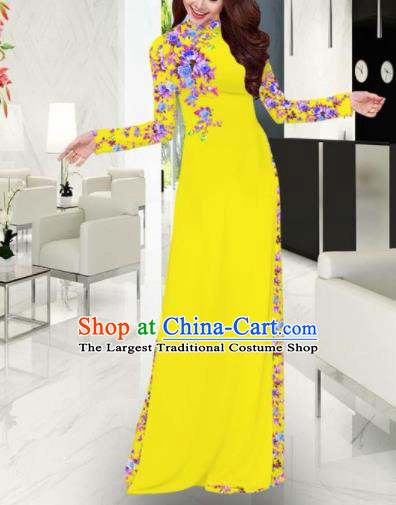 Vietnam Traditional Printing Yellow Ao Dai Dress Asian Vietnamese Bride Classical Cheongsam for Women