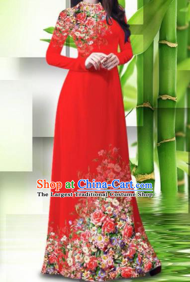 Vietnam Classical Printing Roses Red Ao Dai Dress Asian Traditional Vietnamese Bride Cheongsam for Women