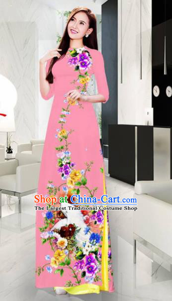 Vietnam Classical Printing Crane Pink Ao Dai Dress Asian Traditional Vietnamese Bride Cheongsam for Women