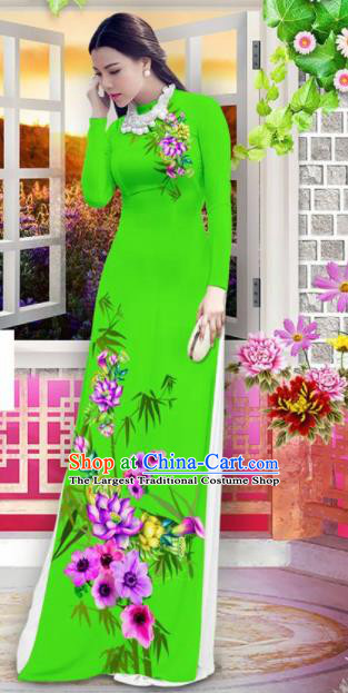 Vietnam Classical Printing Bamboo Lotus Green Ao Dai Dress Asian Traditional Vietnamese Bride Cheongsam for Women