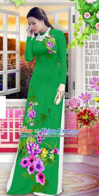 Vietnam Classical Printing Bamboo Lotus Deep Green Ao Dai Dress Asian Traditional Vietnamese Bride Cheongsam for Women