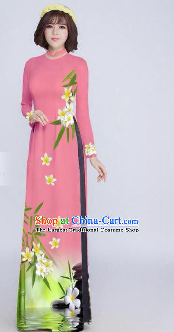 Vietnam Classical Printing Pink Ao Dai Dress Asian Traditional Vietnamese Bride Cheongsam for Women