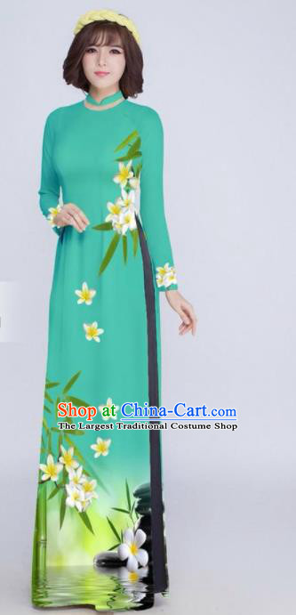 Vietnam Classical Printing Green Ao Dai Dress Asian Traditional Vietnamese Bride Cheongsam for Women