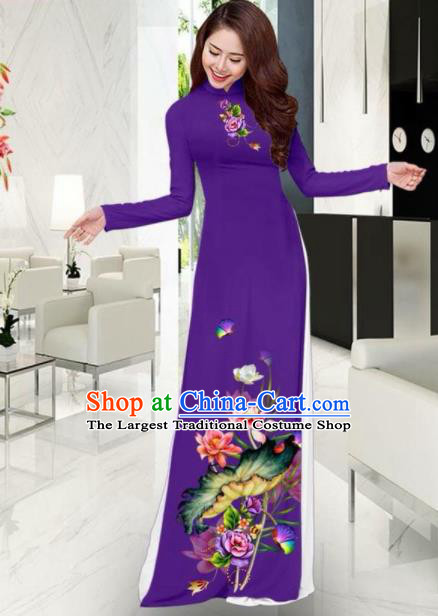 Vietnam National Costume Classical Printing Lotus Purple Ao Dai Dress Asian Traditional Vietnamese Cheongsam for Women