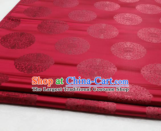 Asian Chinese Traditional Tang Suit Royal Round Pattern Purplish Red Brocade Satin Fabric Material Classical Silk Fabric