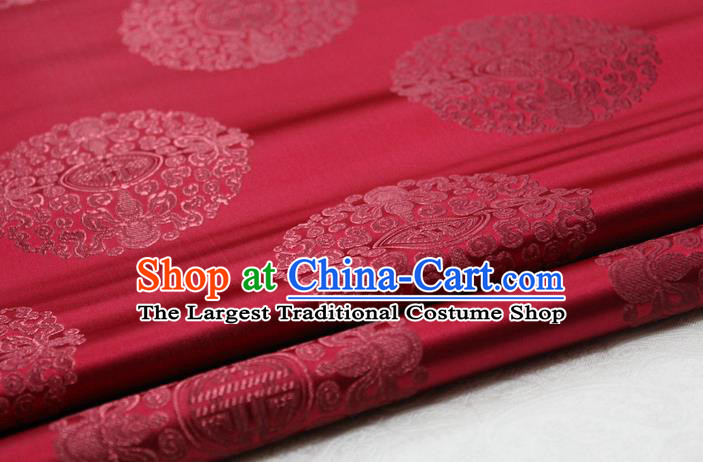 Asian Chinese Traditional Tang Suit Royal Round Pattern Purplish Red Brocade Satin Fabric Material Classical Silk Fabric