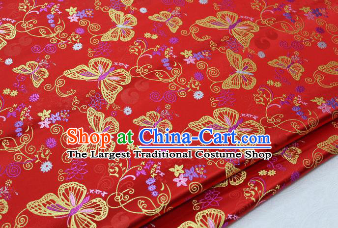 Asian Chinese Traditional Classical Butterfly Pattern Red Brocade Tang Suit Satin Fabric Material Classical Silk Fabric