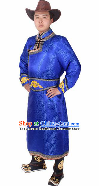 Chinese Ethnic Prince Costume Royalblue Mongolian Robe Traditional Mongol Nationality Folk Dance Clothing for Men