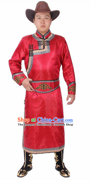 Chinese Ethnic Prince Costume Red Mongolian Robe Traditional Mongol Nationality Folk Dance Clothing for Men