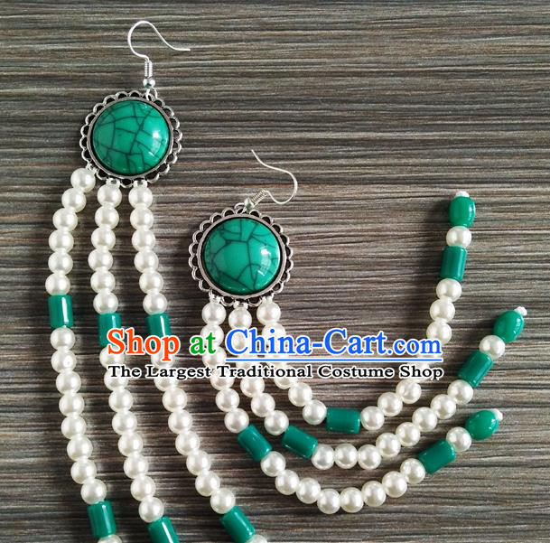 Traditional Chinese Mongol Nationality Green Ear Accessories Mongolian Ethnic Folk Dance Earrings for Women