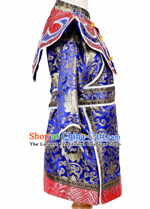 Chinese Ethnic Costume Royalblue Brocade Robe Traditional Mongol Nationality Folk Dance Clothing for Kids