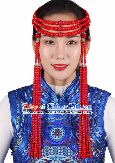 Chinese Mongolian Ethnic Red Beads Tassel Hair Accessories Traditional Mongol Nationality Folk Dance Head Clasp for Women